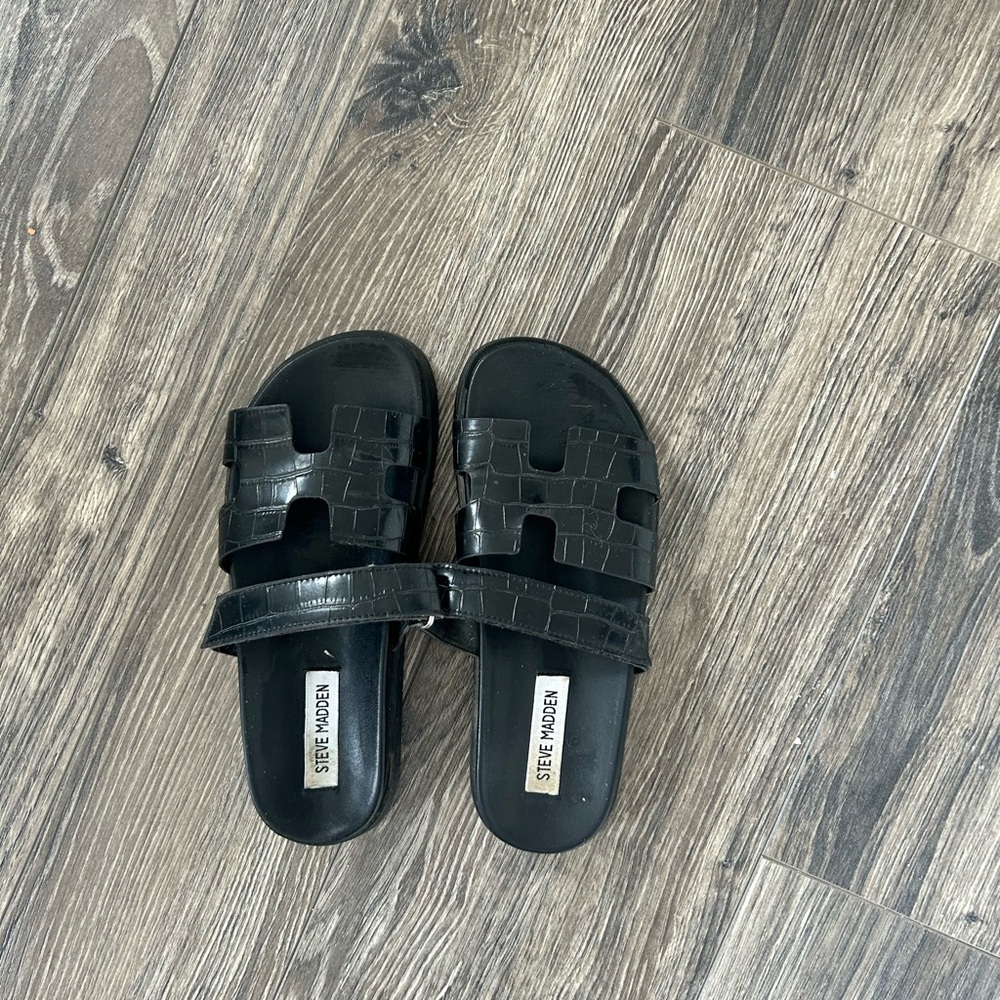 Steve Madden Black Croc-Embossed Double-Strap Slides
